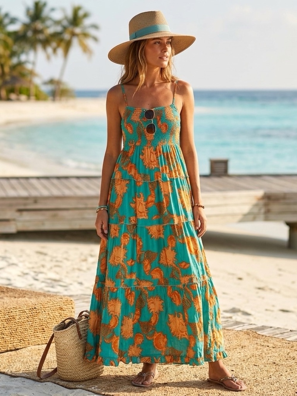 Moda Teal Maxi Dress with Orange Floral Print